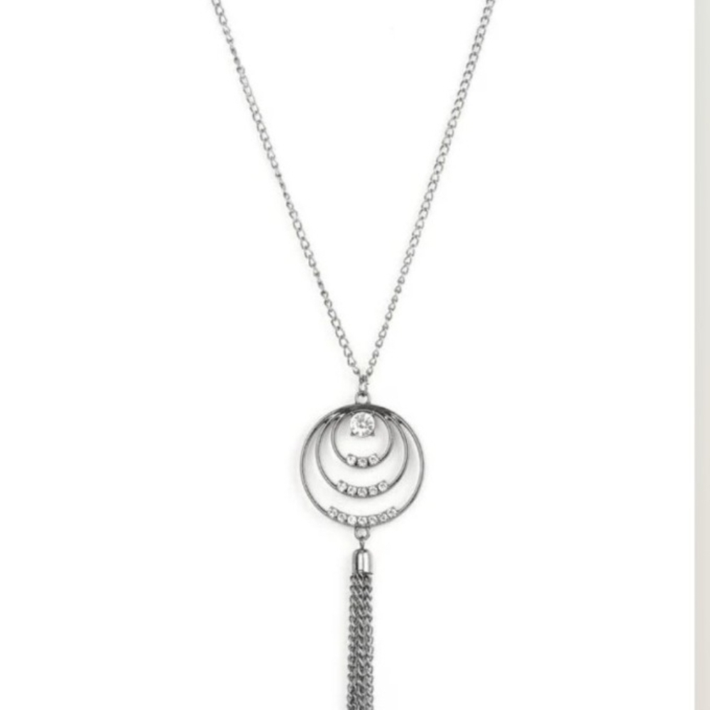 Paparazzi Black Circle Tassel Necklace Spiraling Sparkle Gunmetal Rhinestone